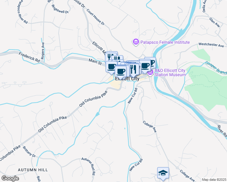 map of restaurants, bars, coffee shops, grocery stores, and more near 3787 Old Columbia Pike in Ellicott City
