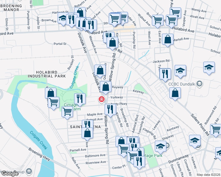 map of restaurants, bars, coffee shops, grocery stores, and more near 133 Willow Spring Road in Dundalk