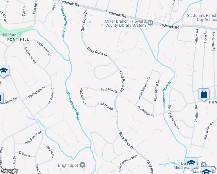 map of restaurants, bars, coffee shops, grocery stores, and more near 3818 Paul Mill Road in Ellicott City