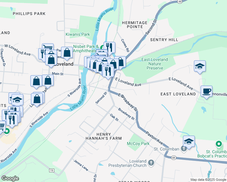 map of restaurants, bars, coffee shops, grocery stores, and more near 141 East Broadway Street in Loveland