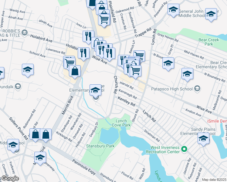 map of restaurants, bars, coffee shops, grocery stores, and more near 1880 Church Road in Dundalk