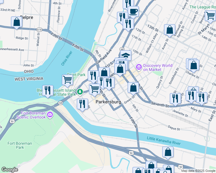 map of restaurants, bars, coffee shops, grocery stores, and more near 429 Market Street in Parkersburg
