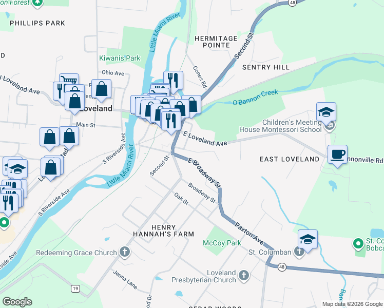 map of restaurants, bars, coffee shops, grocery stores, and more near 141 East Broadway Street in Loveland