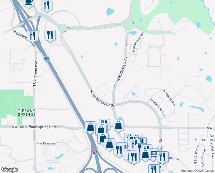 map of restaurants, bars, coffee shops, grocery stores, and more near 9641 North Ambassador Drive in Kansas City