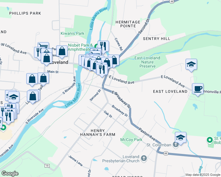 map of restaurants, bars, coffee shops, grocery stores, and more near 141 East Broadway Street in Loveland