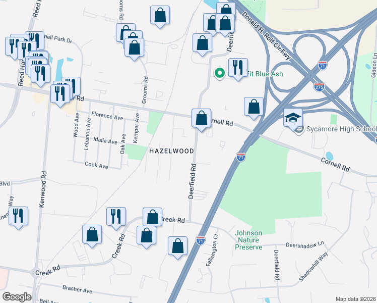 map of restaurants, bars, coffee shops, grocery stores, and more near 11105 Deerfield Road in Cincinnati