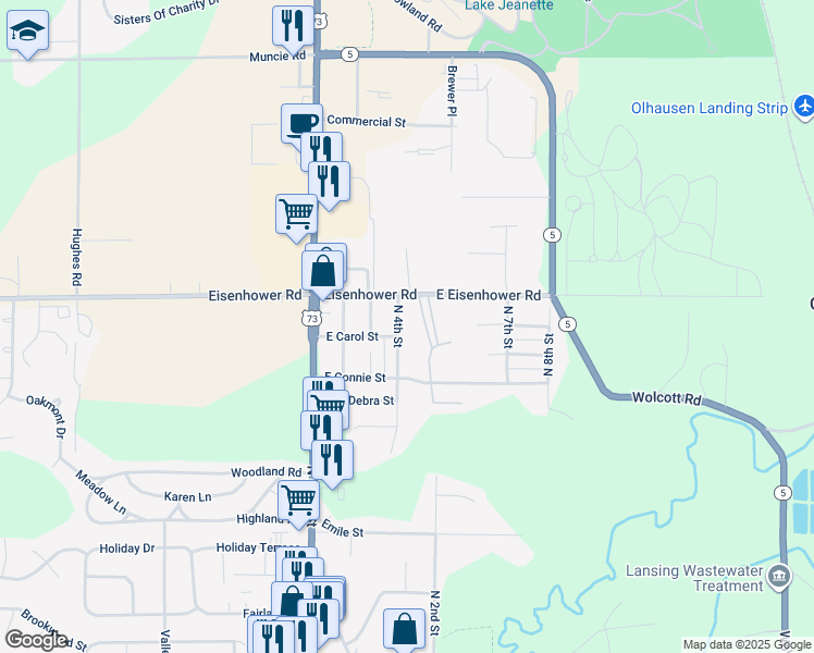 map of restaurants, bars, coffee shops, grocery stores, and more near 1010 North 4th Street in Lansing