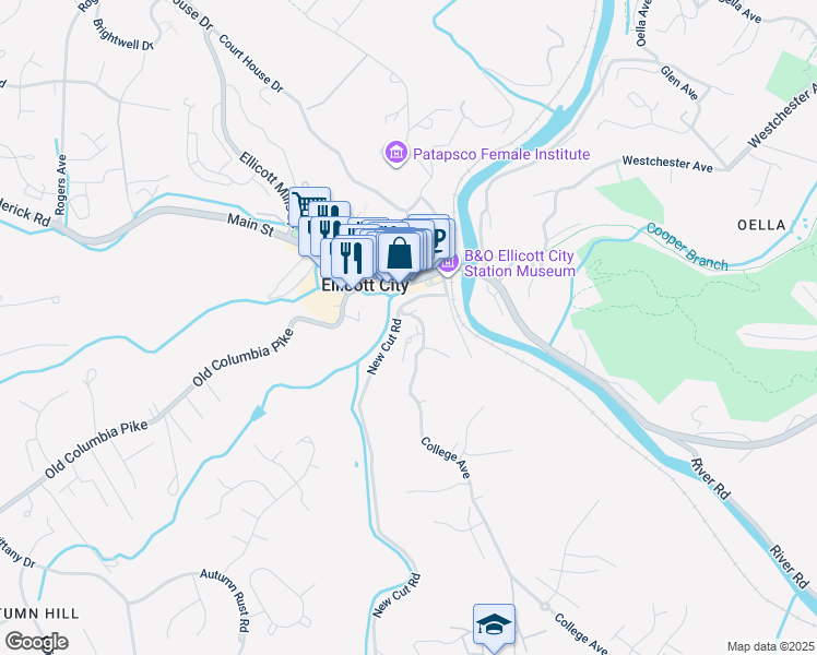 map of restaurants, bars, coffee shops, grocery stores, and more near 3700 College Avenue in Ellicott City