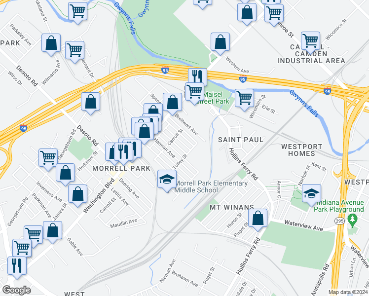 map of restaurants, bars, coffee shops, grocery stores, and more near 2043 Grinnalds Avenue in Baltimore