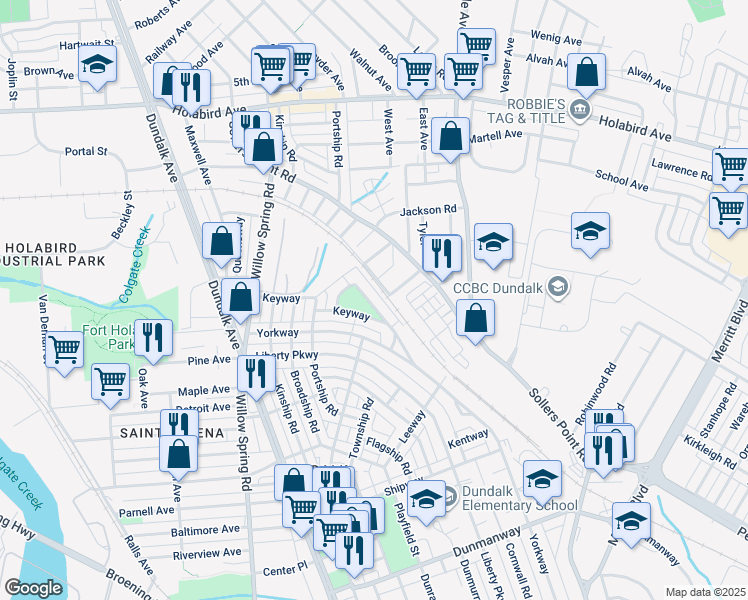map of restaurants, bars, coffee shops, grocery stores, and more near 2471 Fairway in Dundalk