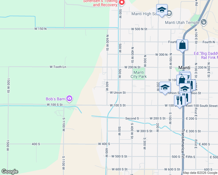 map of restaurants, bars, coffee shops, grocery stores, and more near 32 North 600 West Street in Manti
