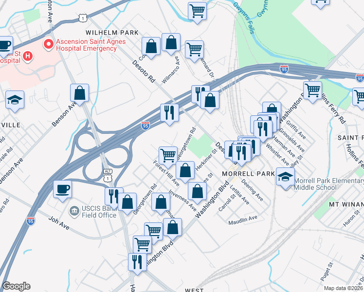 map of restaurants, bars, coffee shops, grocery stores, and more near 2738 Georgetown Road in Baltimore