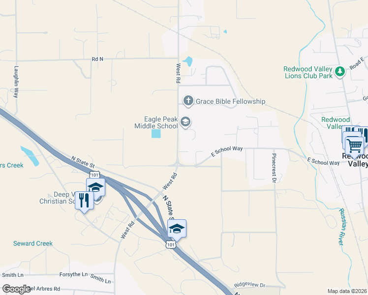 map of restaurants, bars, coffee shops, grocery stores, and more near 8501 West Road in Redwood Valley