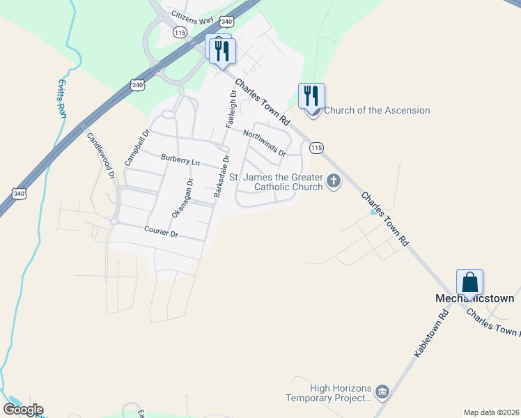 map of restaurants, bars, coffee shops, grocery stores, and more near 317 Crosswinds Drive in Charles Town