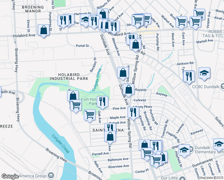 map of restaurants, bars, coffee shops, grocery stores, and more near 2116 Cameron Drive in Dundalk