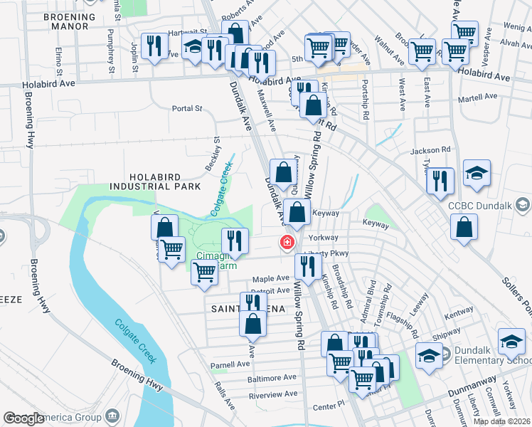 map of restaurants, bars, coffee shops, grocery stores, and more near 2125 Cameron Drive in Dundalk