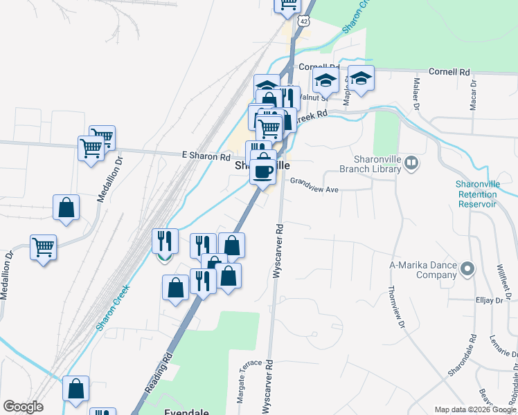 map of restaurants, bars, coffee shops, grocery stores, and more near 10900 Reading Road in Sharonville