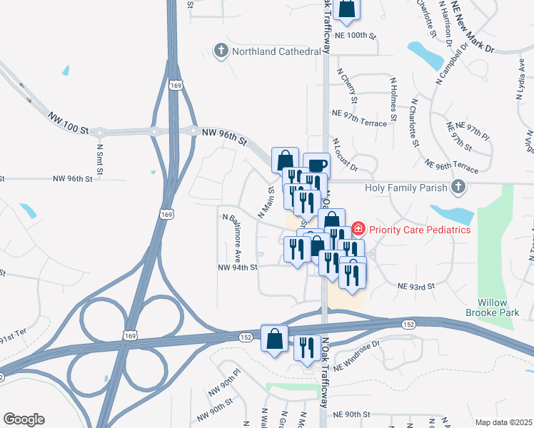 map of restaurants, bars, coffee shops, grocery stores, and more near 9523 North Main Street in Kansas City