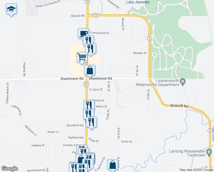 map of restaurants, bars, coffee shops, grocery stores, and more near 300 East Carol Street in Lansing