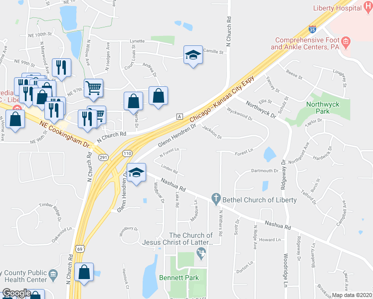 map of restaurants, bars, coffee shops, grocery stores, and more near 905 North Forest Lane in Liberty