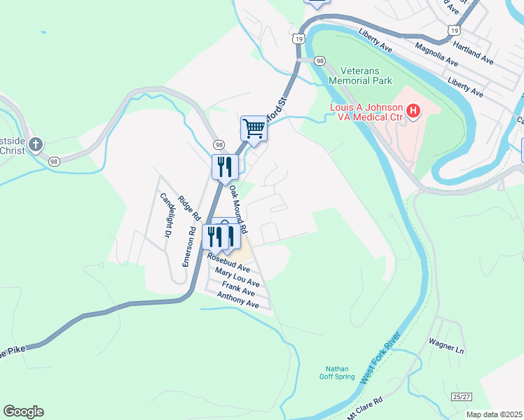 map of restaurants, bars, coffee shops, grocery stores, and more near 1100 Oak Mound Drive in Clarksburg