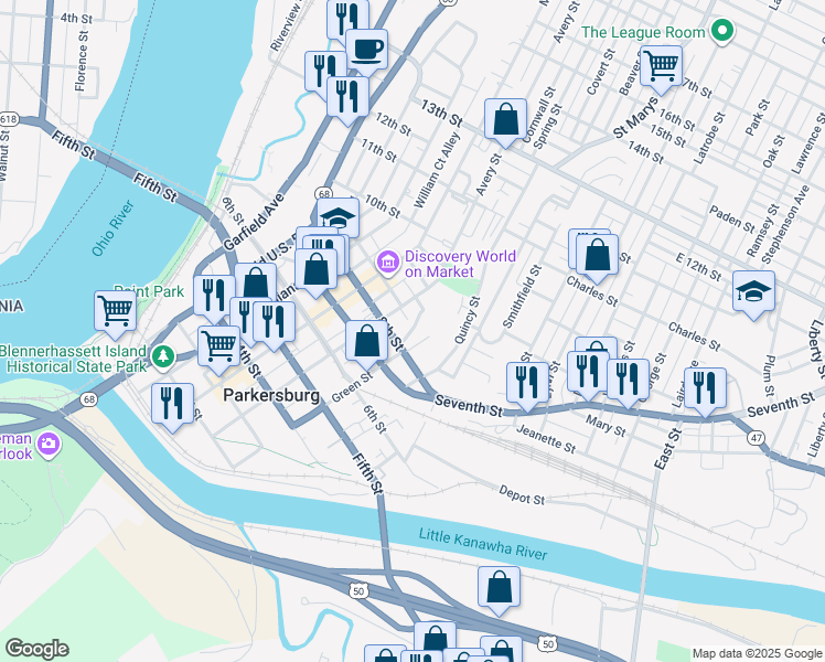 map of restaurants, bars, coffee shops, grocery stores, and more near 820 Clay Street in Parkersburg
