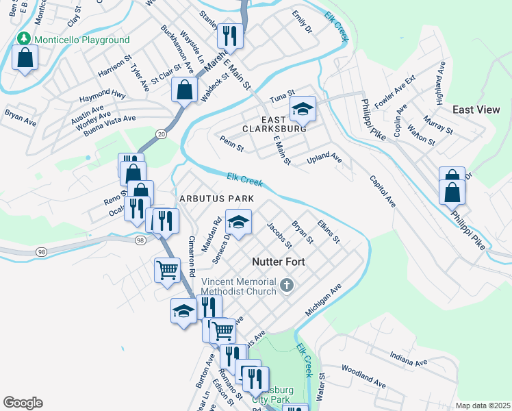 map of restaurants, bars, coffee shops, grocery stores, and more near 603 West Virginia Avenue in Nutter Fort