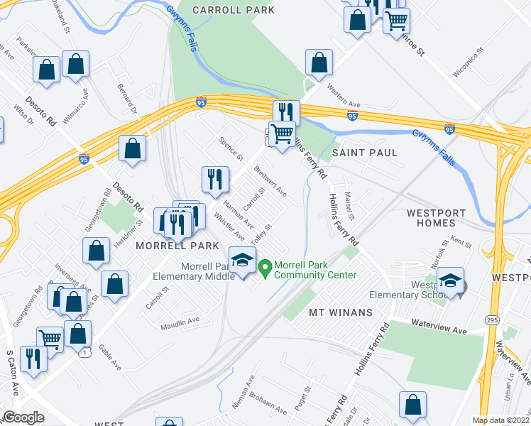 map of restaurants, bars, coffee shops, grocery stores, and more near 2035 Grinnalds Avenue in Baltimore