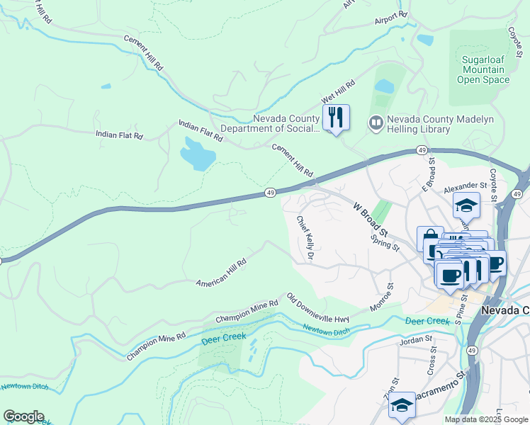 map of restaurants, bars, coffee shops, grocery stores, and more near 518 California 49 in Nevada City