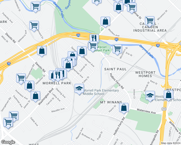 map of restaurants, bars, coffee shops, grocery stores, and more near 2050 Griffis Avenue in Baltimore