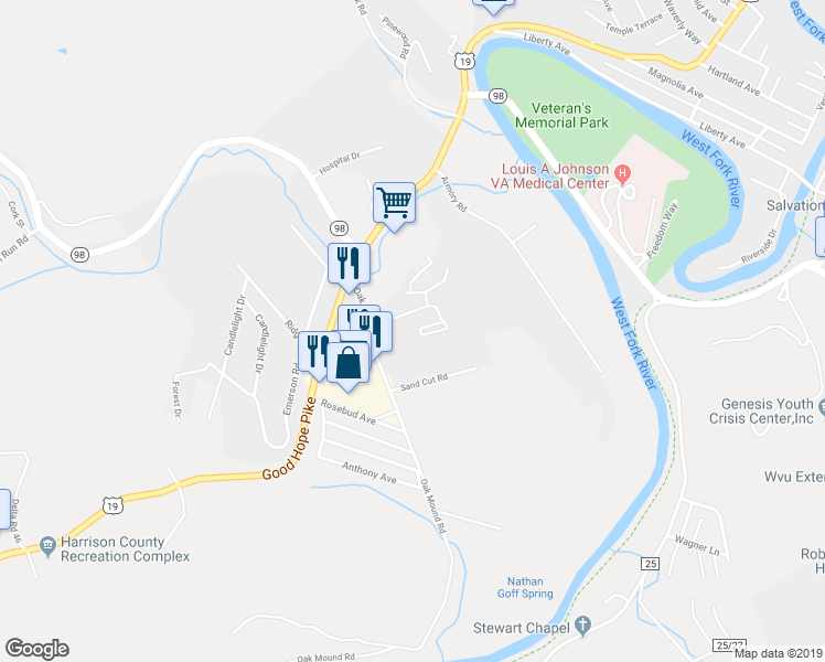 map of restaurants, bars, coffee shops, grocery stores, and more near 268 Oak Mound Drive in Clarksburg