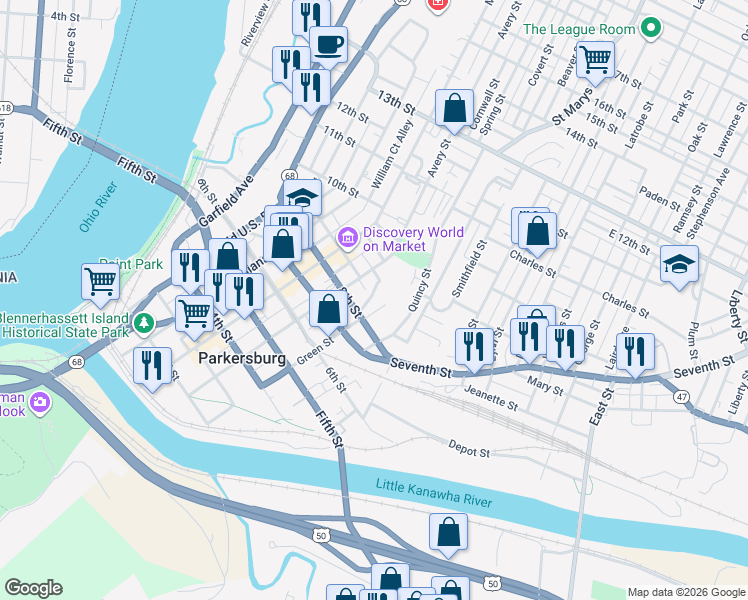 map of restaurants, bars, coffee shops, grocery stores, and more near 820 Clay Street in Parkersburg