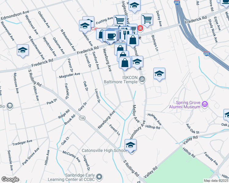 map of restaurants, bars, coffee shops, grocery stores, and more near 128 Newburg Avenue in Catonsville
