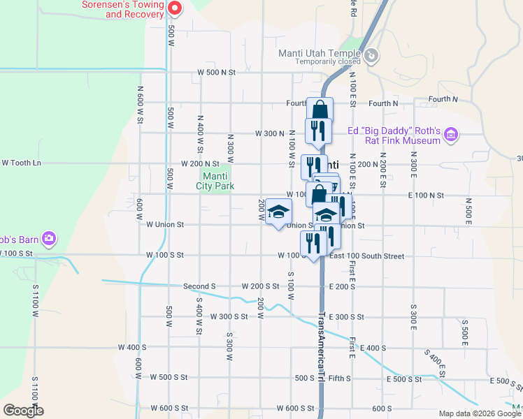 map of restaurants, bars, coffee shops, grocery stores, and more near 190 West Union Street in Manti