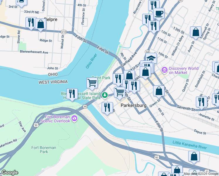 map of restaurants, bars, coffee shops, grocery stores, and more near in Parkersburg