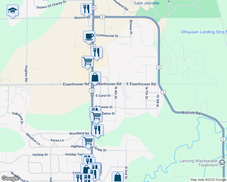 map of restaurants, bars, coffee shops, grocery stores, and more near 300 East Carol Street in Lansing