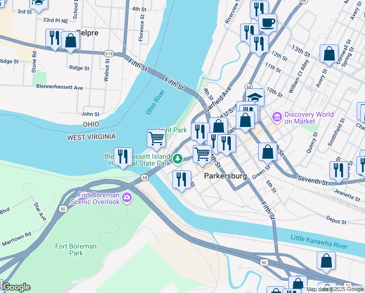 map of restaurants, bars, coffee shops, grocery stores, and more near 114 3rd Street in Parkersburg