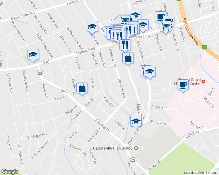 map of restaurants, bars, coffee shops, grocery stores, and more near 146 Sanford Avenue in Catonsville