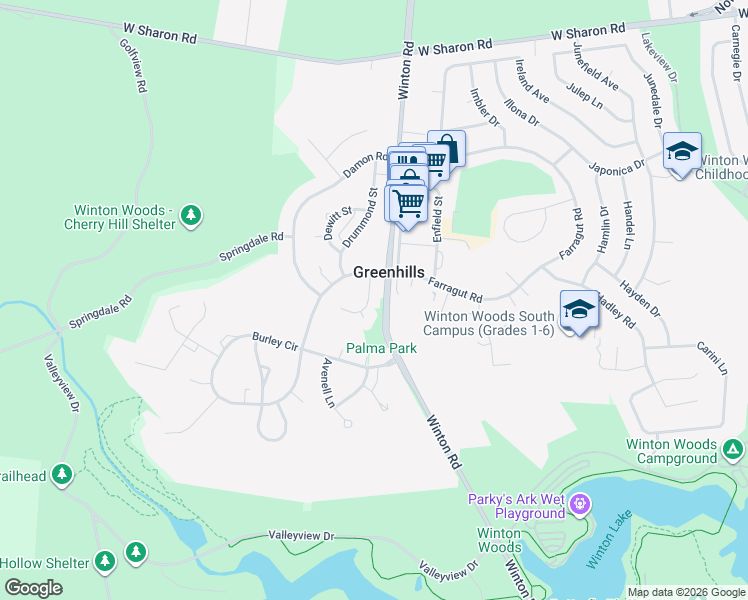 map of restaurants, bars, coffee shops, grocery stores, and more near 10245 Winton Road in Cincinnati