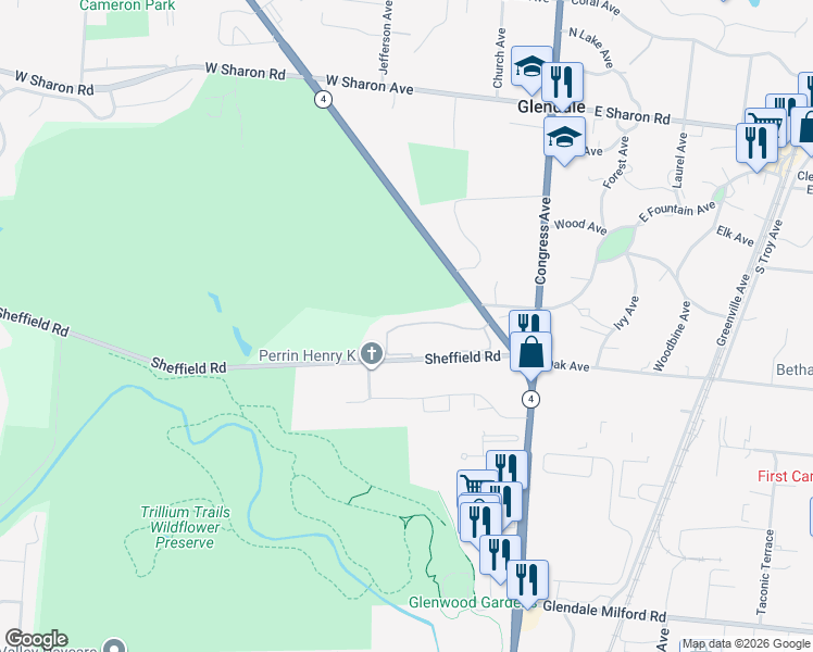map of restaurants, bars, coffee shops, grocery stores, and more near 52 Bishopsgate Drive in Cincinnati