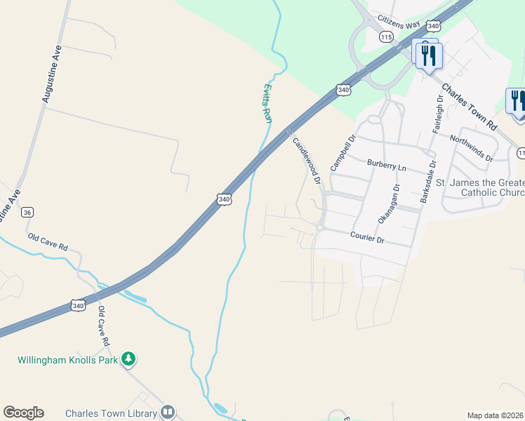 map of restaurants, bars, coffee shops, grocery stores, and more near 89 Extrovert Drive in Charles Town