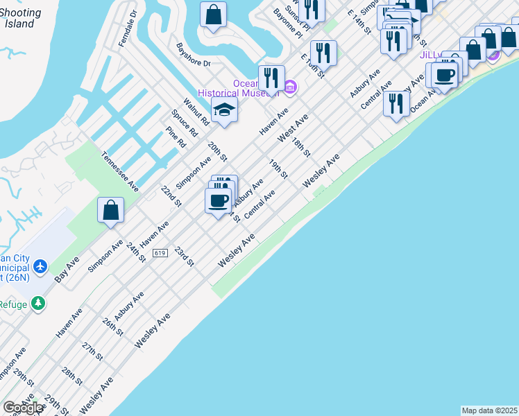 map of restaurants, bars, coffee shops, grocery stores, and more near 2001 Asbury Avenue in Ocean City