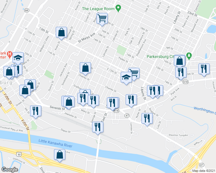 map of restaurants, bars, coffee shops, grocery stores, and more near 1114 George Street in Parkersburg