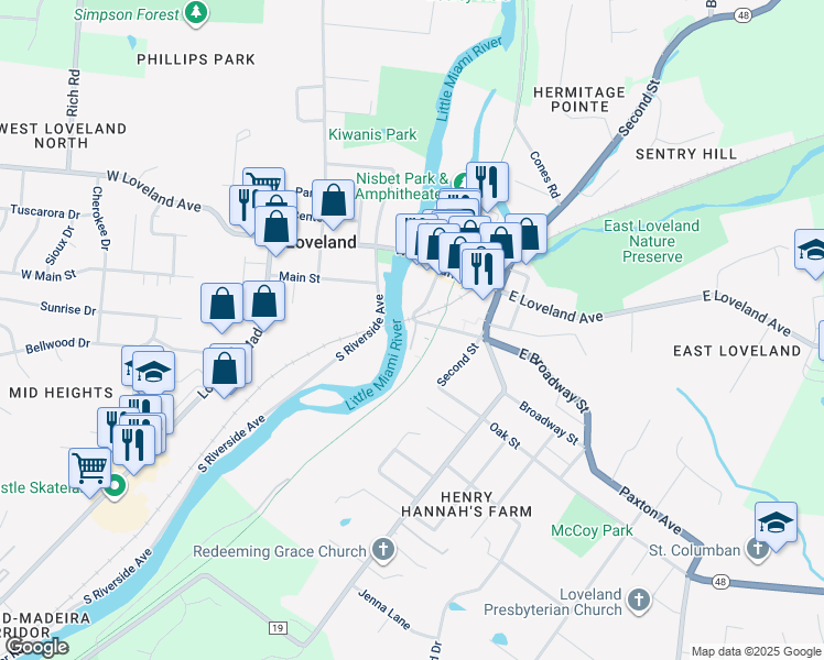 map of restaurants, bars, coffee shops, grocery stores, and more near 119 Karl Brown Way in Loveland