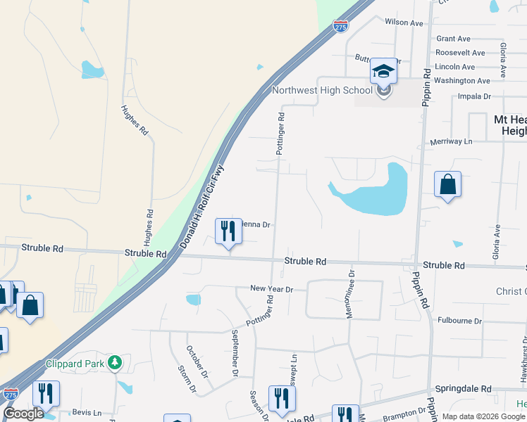 map of restaurants, bars, coffee shops, grocery stores, and more near 10521 Pottinger Road in Cincinnati