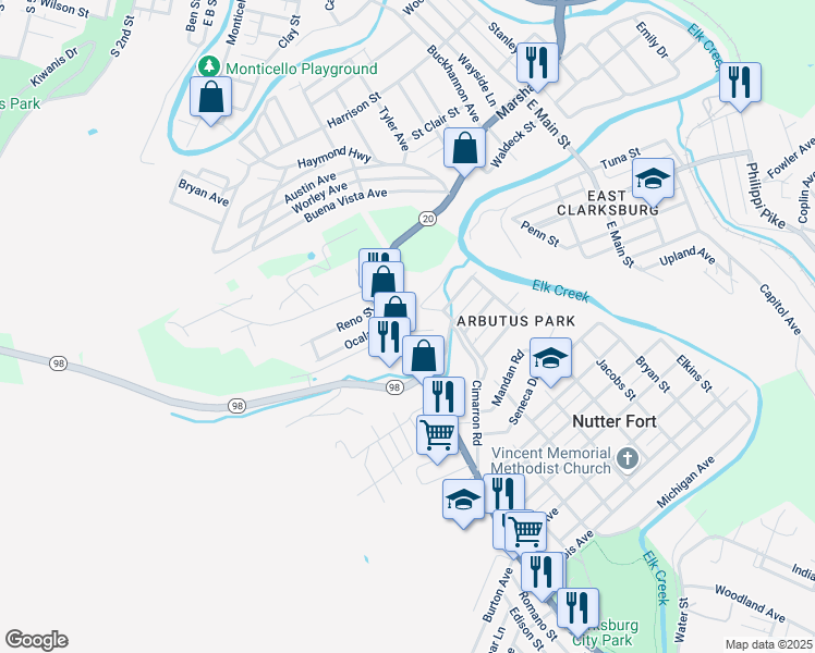 map of restaurants, bars, coffee shops, grocery stores, and more near 311 Buckhannon Pike in Nutter Fort