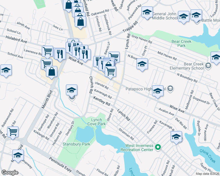 map of restaurants, bars, coffee shops, grocery stores, and more near 7864 Harold Road in Dundalk