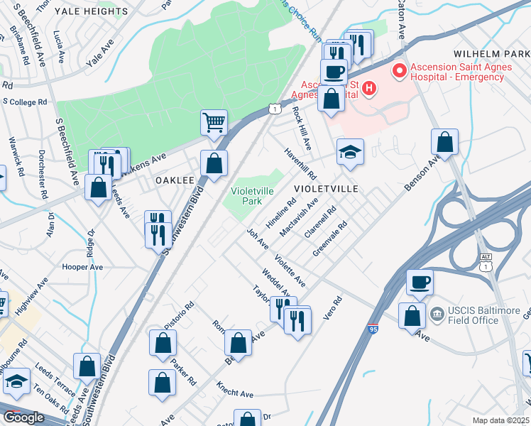 map of restaurants, bars, coffee shops, grocery stores, and more near 3643 Coolidge Avenue in Baltimore