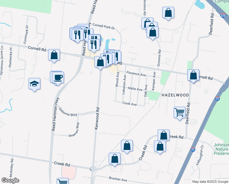 map of restaurants, bars, coffee shops, grocery stores, and more near 11111 Wood Avenue in Blue Ash