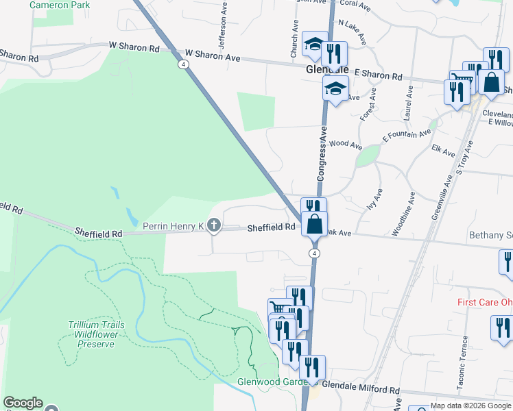 map of restaurants, bars, coffee shops, grocery stores, and more near 63 Bishopsgate Drive in Cincinnati